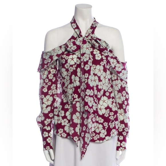 NWT Alexis Silk Tie Neck Cold Shoulder Floral Pink Berry Blouse Size XS - Picture 2 of 10